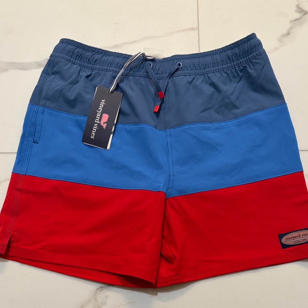 Vineyard Vines Kid’s Swim Trunks - Red and Blue Colorblock